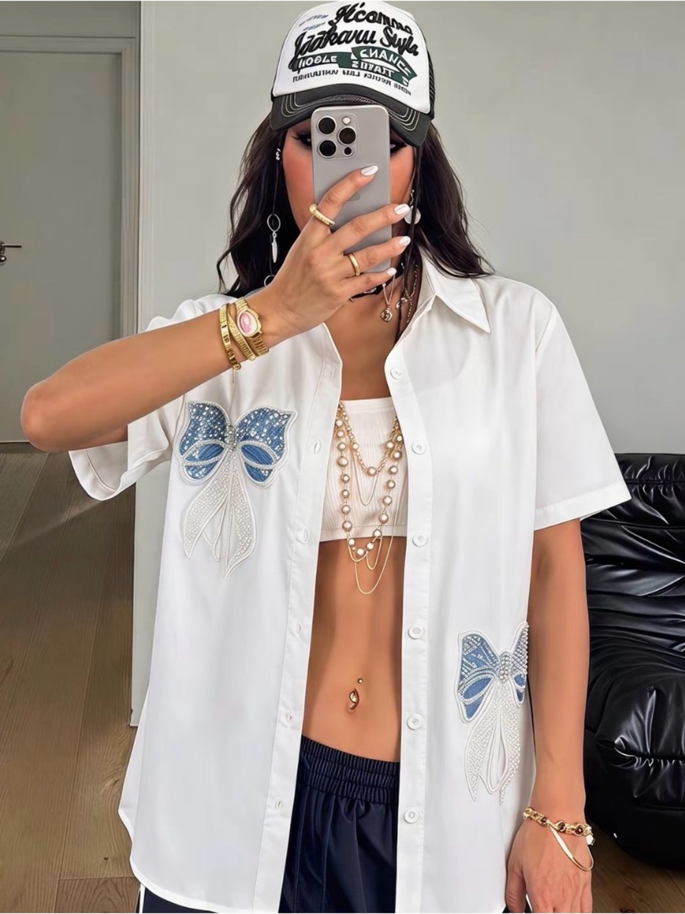Blue handmade Embroidered Bows Women’s White Short-Sleeve Button-Up Shirt